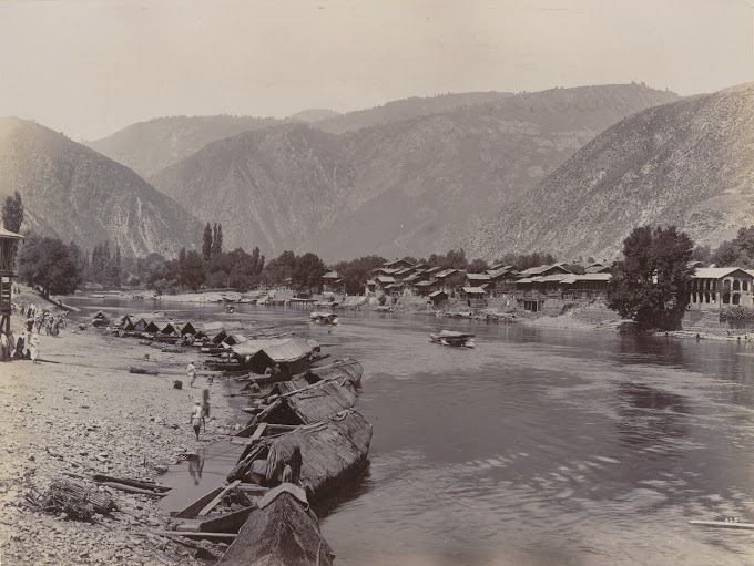 View of Jhelum River from Baramulla Bridge, Baramulla (Varmul), Kashmir, Jammu & Kashmir, India | Rare & Old Vintage Photos (1899)