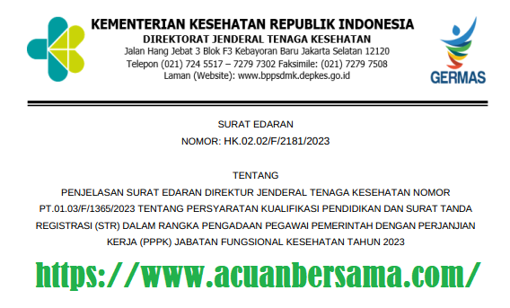 Surat Edaran Dirjen (SE) Tenaga Kesehatan tentang Penjelasan Persyaratan Kualifikasi Pendidikan Dan STR Seleksi PPPK JF Kesehatan Tahun 2023