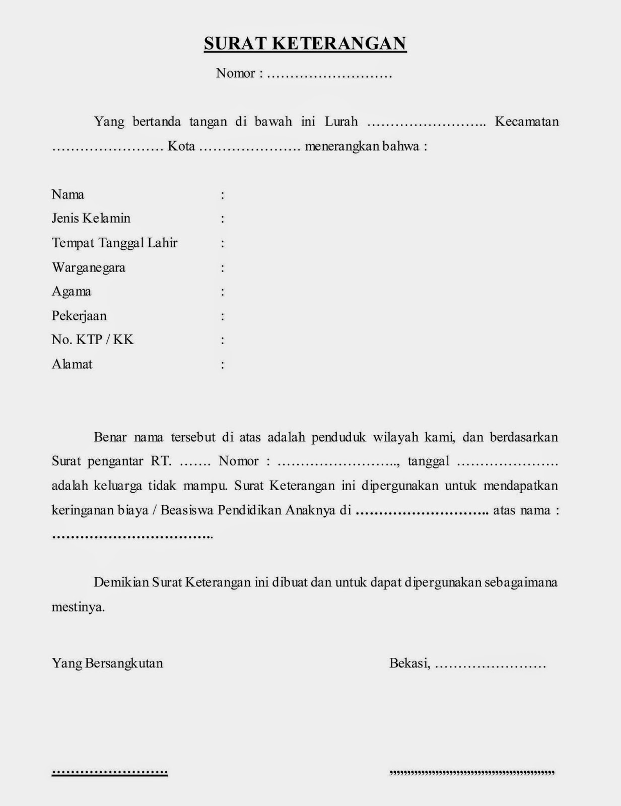 Contoh Surat Keterangan Tidak Mampu