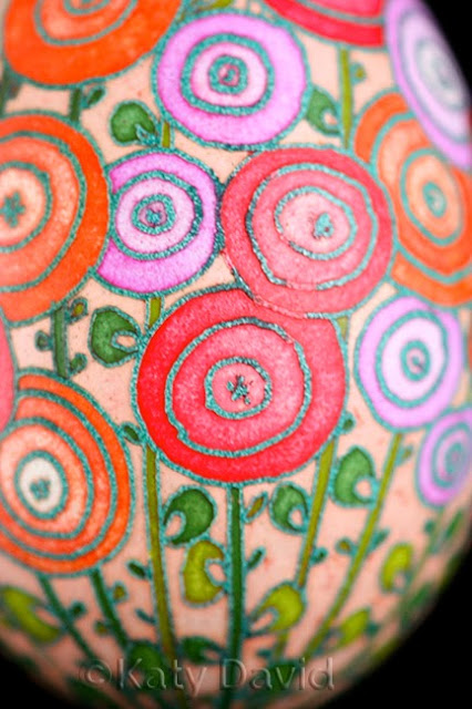 ©Katy David Friday Egg: Hot Day Hollyhocks Goose Egg pysanky