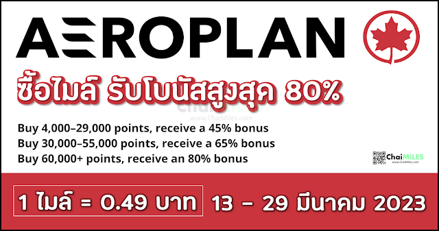 ซื้อไมล์ AeroPlan รับโบนัสสูงสุด 80% (ภายใน 29 March 2023)