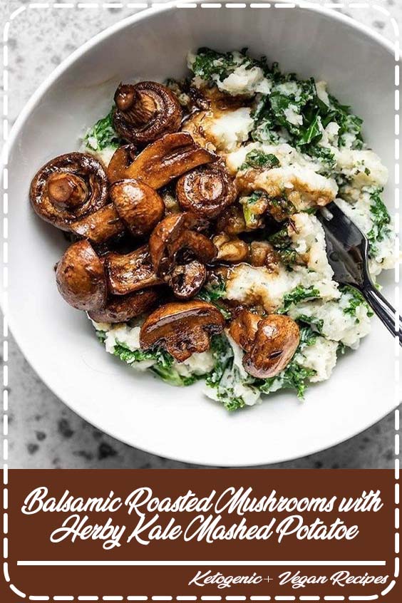 "These Balsamic Roasted Mushrooms with Herby Kale Mashed Potatoes are a vegetarian meal that will please any ""meat and potatoes"" style meal lover. "