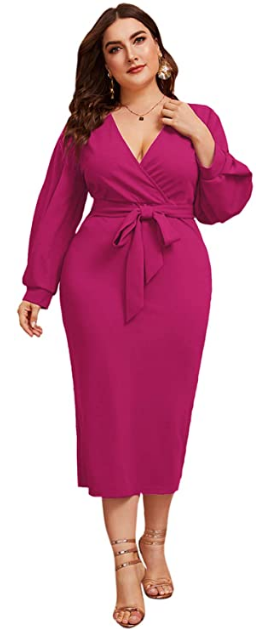 Women's Plus Size Bishop Sleeve Plunging V Neck Belted Bodycon Dress