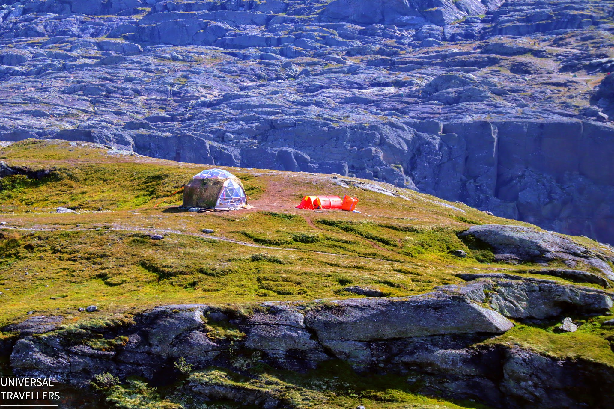 Hikers have set up tents at the camping site near the walking path to Trolltunga cliff