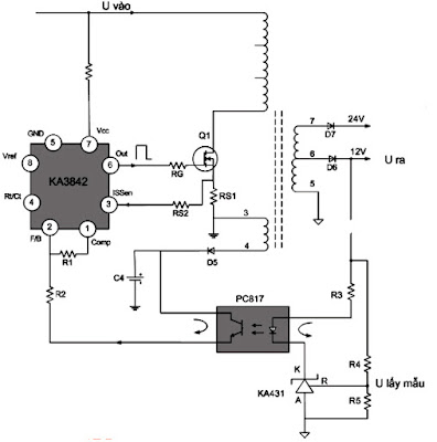 Hình 17 - Mạch hồi tiếp so quang làm nhiệm vụ giữ cho điện áp ra cố định khi điện áp vào thay đổi hoặc khi dòng tiêu thụ thay đổi.