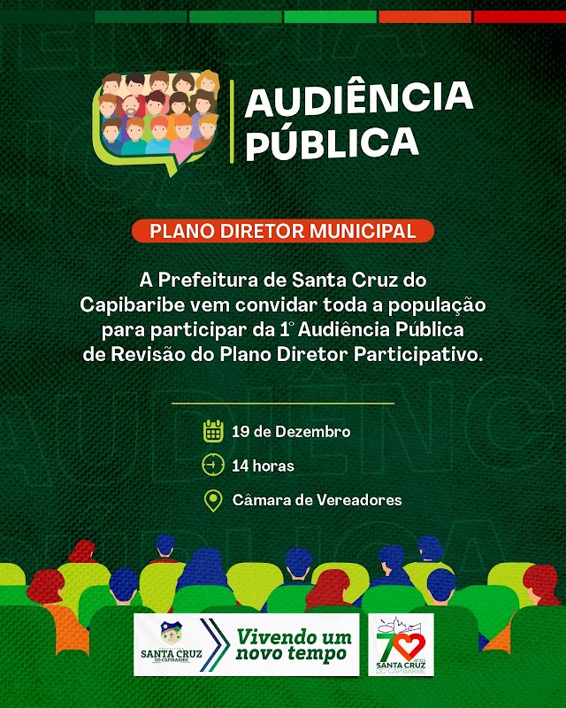 Prefeitura de Santa Cruz realiza Audiência Pública para Atualização do Plano Diretor Municipal na próxima terça-feira (19)