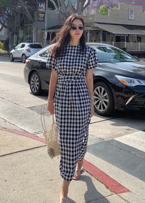 Gingham Check Ribbon Waist Dress