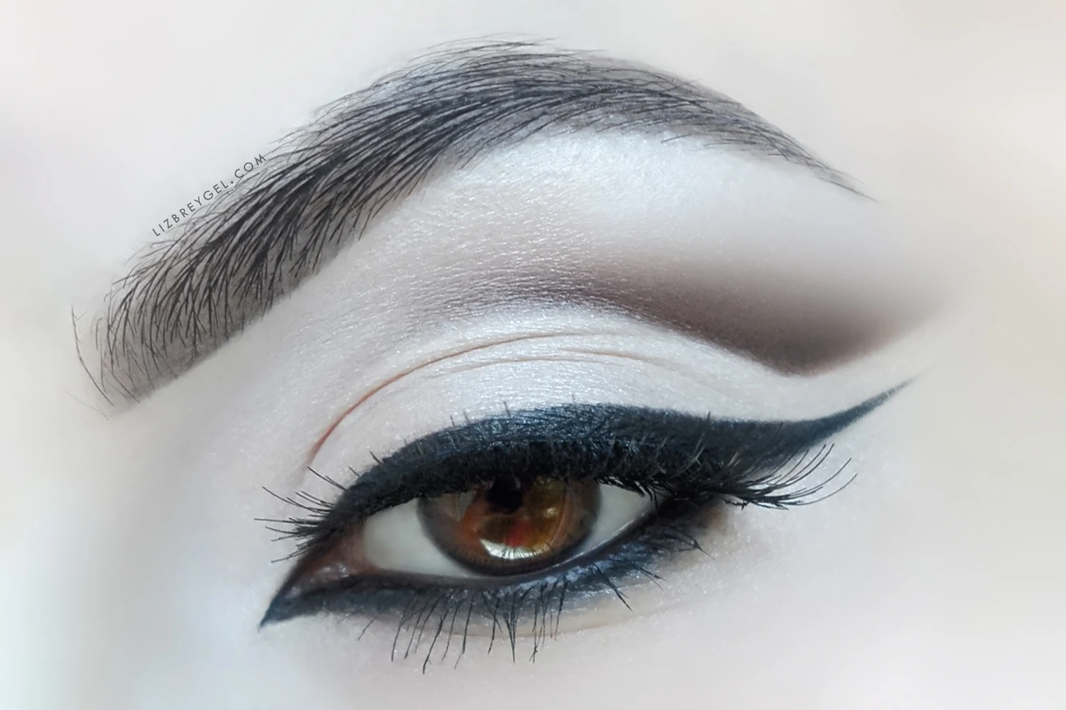 a close-up image of woman's eye with an elegant bridal makeup look in nude an brown shades, semi cut crease and eyeliner