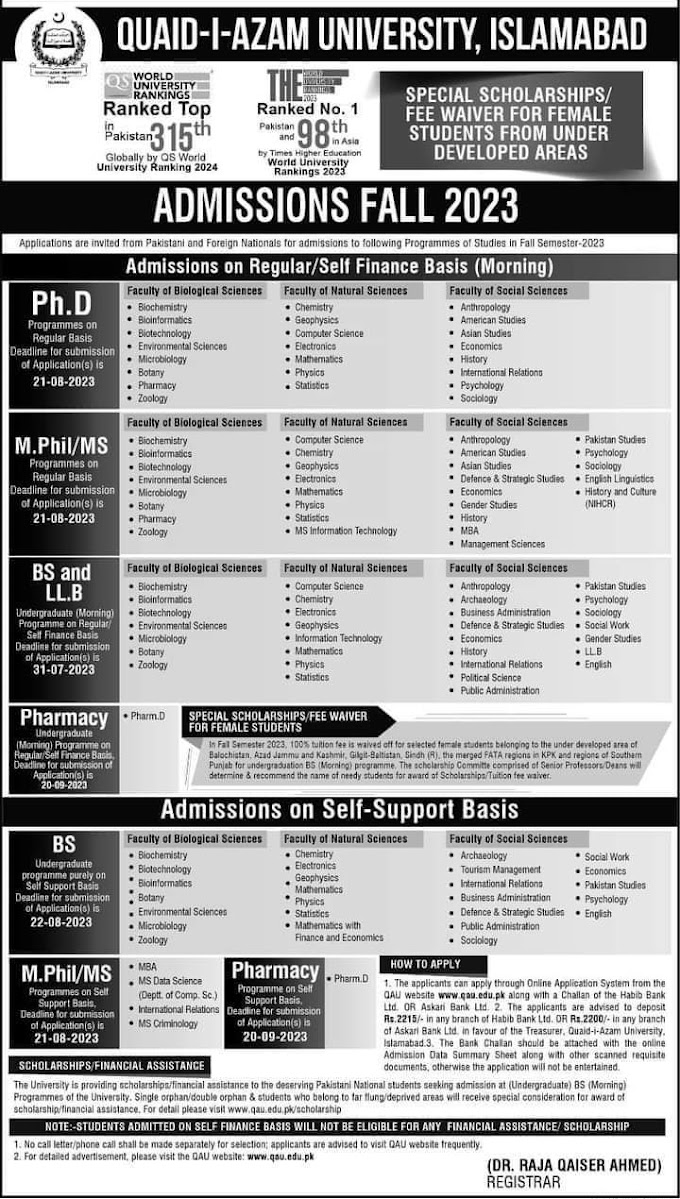 Admissions Fall 2023 - Quaid-i-Azam University Islamabad