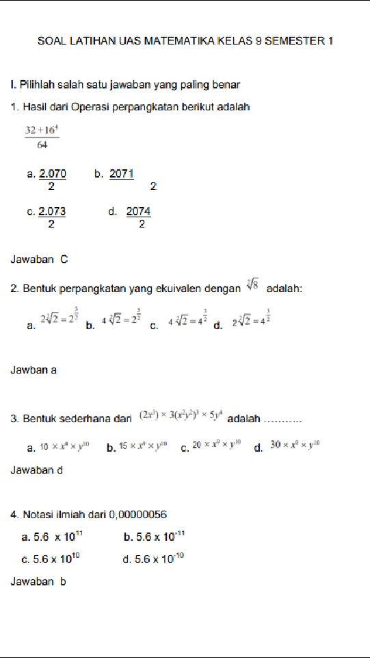 Soal dan Jawaban Soal PAS Matematika Kelas 9 SMP/MTs Semester 1  (Ganjil)