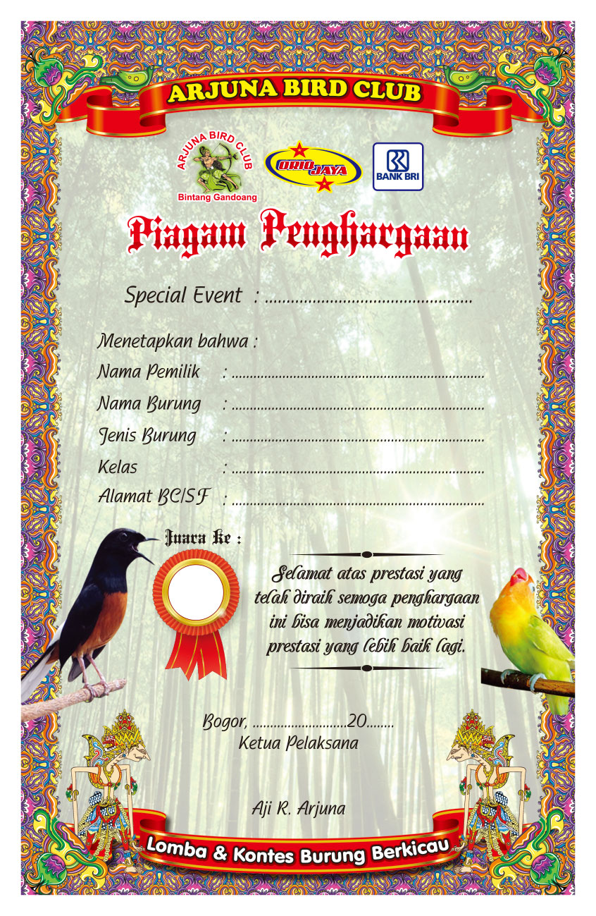 Contoh Desain - Piagam Lomba Burung Arjuna Bird Club 