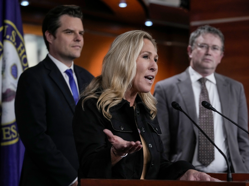 Marjorie Taylor Greene, Matt Gaetz and Thomas Massie. Via AP