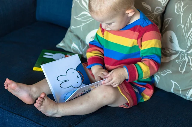 A toddler enjoying reading a story on the sofa