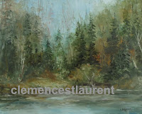 By the lake, 16 x 20 oil painting by Clemence St. Laurent - view of a summer forest from the lake