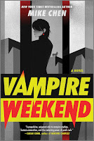 book cover for Vampire Weekend in a very 90's vibe, grey background and a anime-like profile of a woman  with black hair above the title in bold yellow and black print