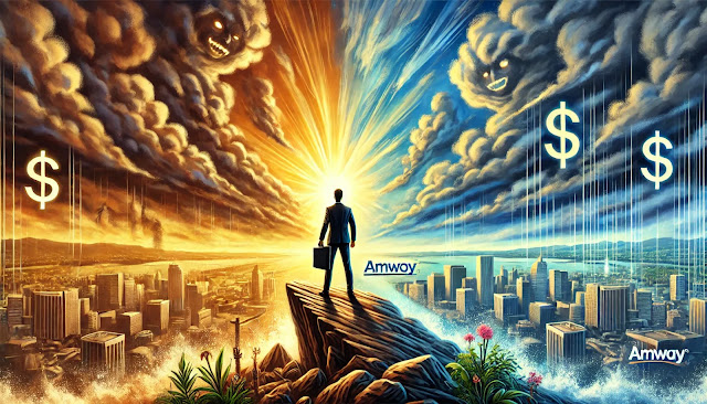 Here is the image representing "From Doubt to Dollars: Transforming Challenges into Triumphs in Amway." Let me know if you would like any modifications or additional elements!