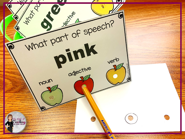 Poke cards asking students whether each object is a noun, adjective, or verb!