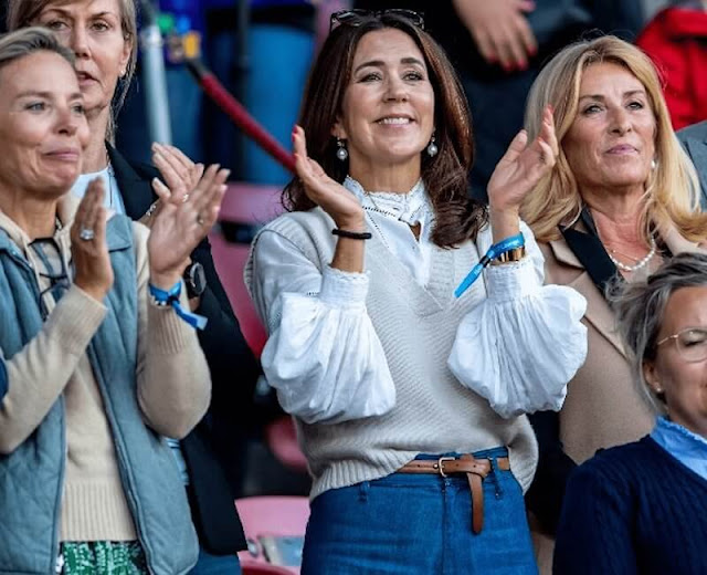 Crown Princess Mary wore a cotton broderie balloon sleeve blouse soft-white by me+em. 2022 World Equestrian Championships