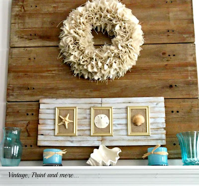 Vintage, Paint and more... using boards as a faux backdrop, burlap wreath, using shims for wall art