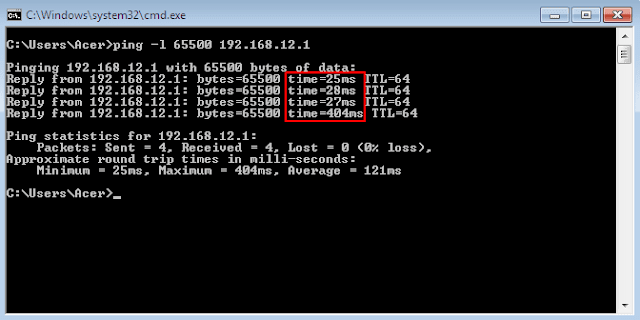 Ping dengan packet size tertinggi yaitu 65500 bytes