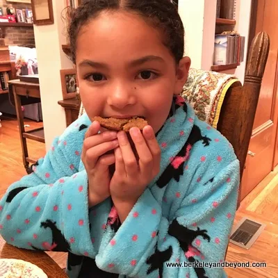 child eating chocolate chip cookie