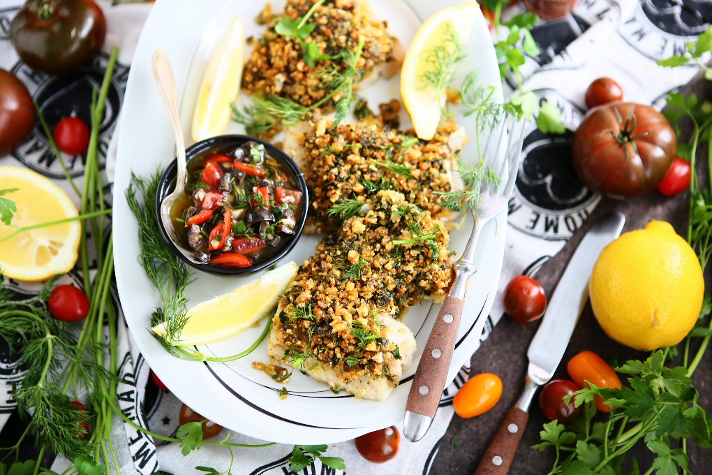 Baked Fish with Anchovy Crust and Sauce Vierge