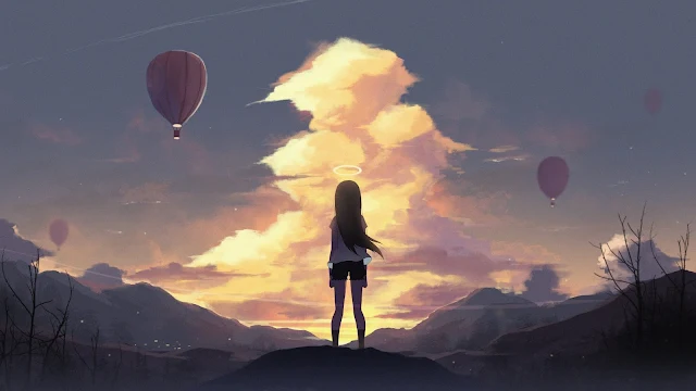 Anime, Angel, Girl, Hot Air Balloon 