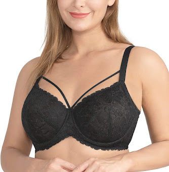 A woman wearing black unlined bras for large breasts