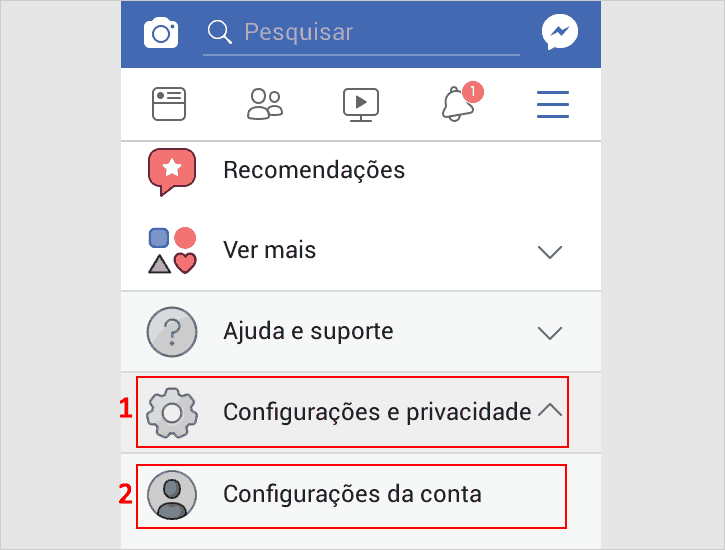 Acessando Configurações da conta para desativar o Facebook pelo celular