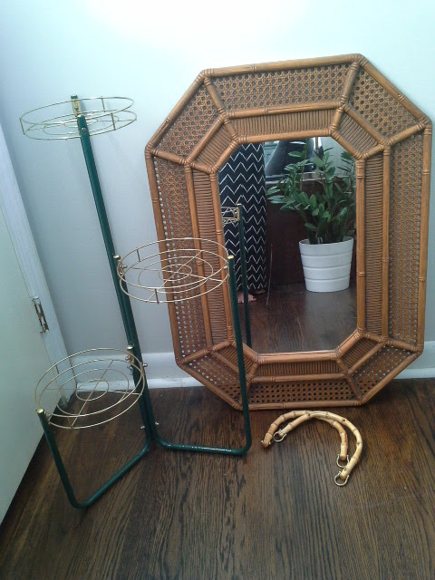 Thrifty Finds, Rattan mirror, metal plant stand, bamboo handles