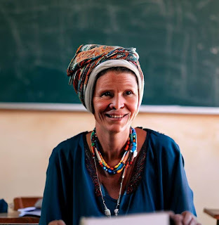 teacher in a headwrap in a classroom in kenya
