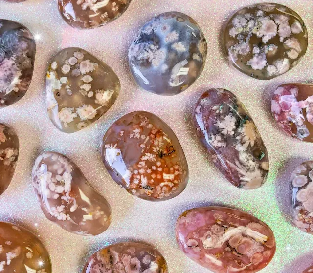 Flower Agate gems with unique floral inclusions.
