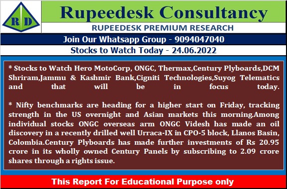 Stock to Watch Today - Rupeedesk Reports - 24.06.2022