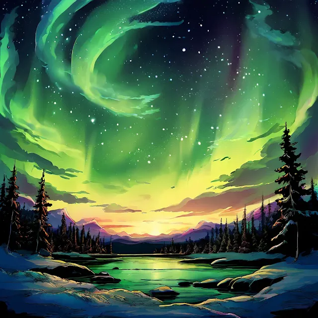 Aurora boreal en un bosque. Arte digital