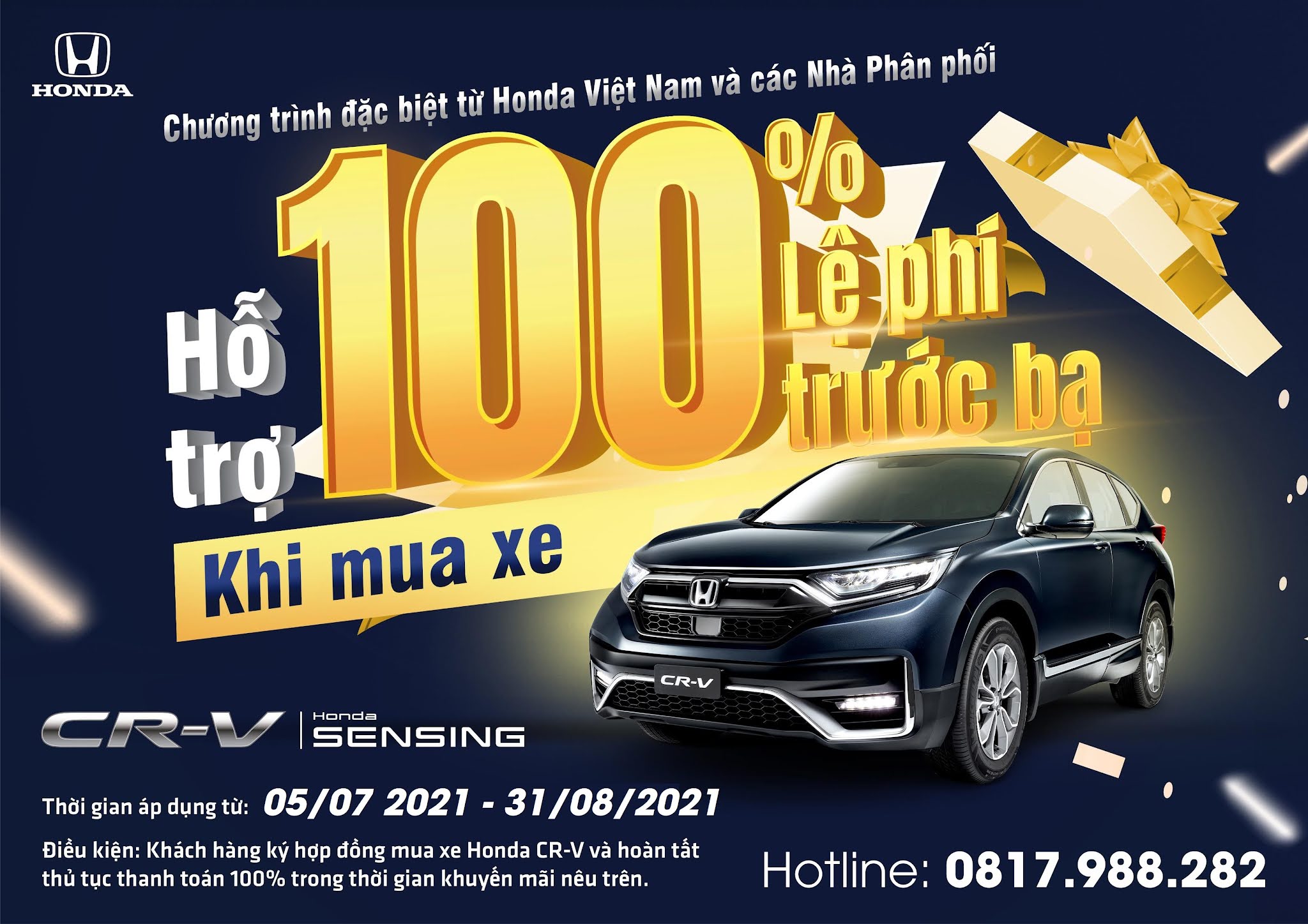 Nhận ngay ưu đãi 100% lệ phí trước bạ khi mua Honda CR-V trong tháng 8 năm 2021| Honda CRV Giảm thuế| Miễn thuế trước bạ Honda CRV 2021