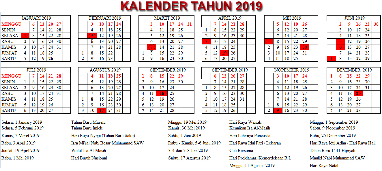 Kalender 2019 Indonesia Lengkap dengan Hari Libur Nasional 