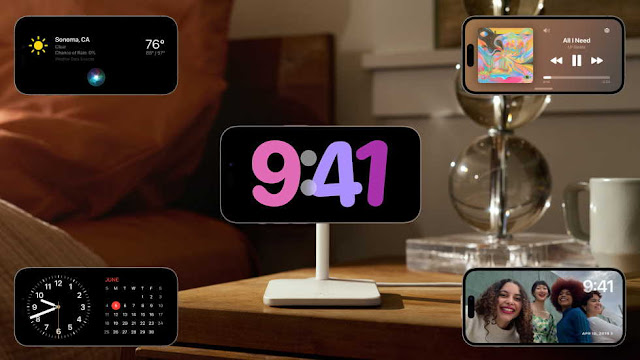 StandBy gives users a full-screen experience with glanceable information designed to be viewed from a distance when iPhone is on its side and charging.