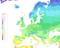 A map of the average annual temperature in Europe showing the variation in temperature across the continent.