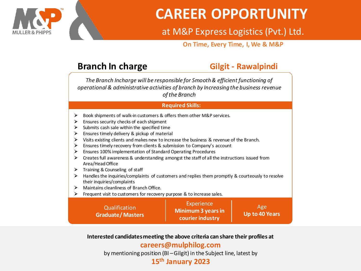 Branch Incharge opportunity at M&P Express Logistics Branch Office