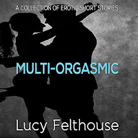 Multi-Orgasmic audiobook cover. A silhouetted man and woman embrace. The background is grey, and the title is splashed across the centre of the cover in bright blue text.