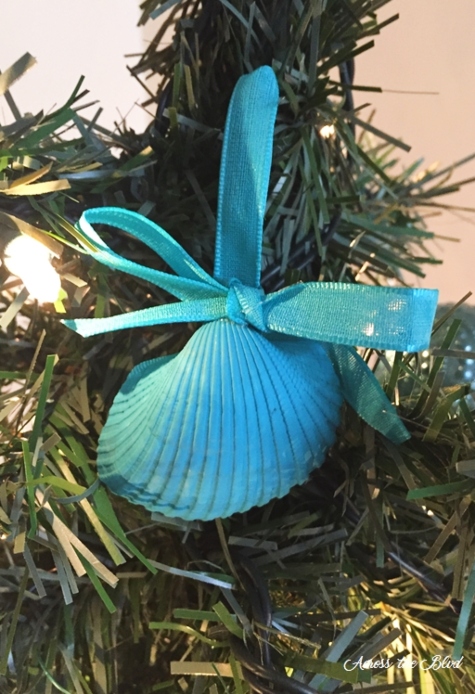 Blue DIY Shell Ornament Idea with Ribbon