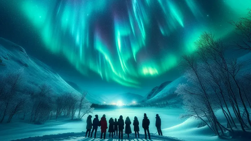 La imagen captura un momento mágico y sereno en el que un grupo de personas, vestidas con ropa de invierno, observa con asombro las auroras boreales en el cielo nocturno. Están rodeadas por un paisaje invernal, con la nieve cubriendo el suelo y siluetas de árboles y montañas delineándose en la distancia. El cielo nocturno se ilumina con un espectáculo de luces danzantes en vibrantes tonalidades de verde, azul y morado, que se reflejan sutilmente sobre la superficie nevada, añadiendo un brillo etéreo al entorno. La escena transmite una sensación de tranquilidad y maravilla, capturando la belleza natural de este fenómeno celestial.