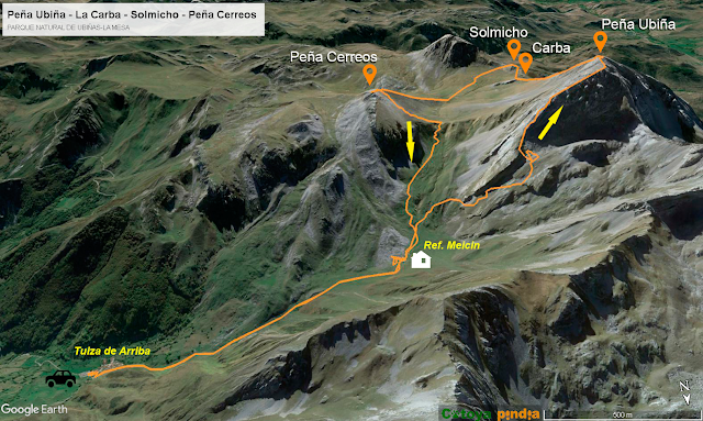 Mapa de la ruta a Peña Ubiña por la Este, a la Carba, Solmicho y Peña Cerreos por la Oeste.