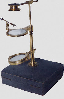 A simple microscope with a metal stand, stage, and slant wings - labeled.images