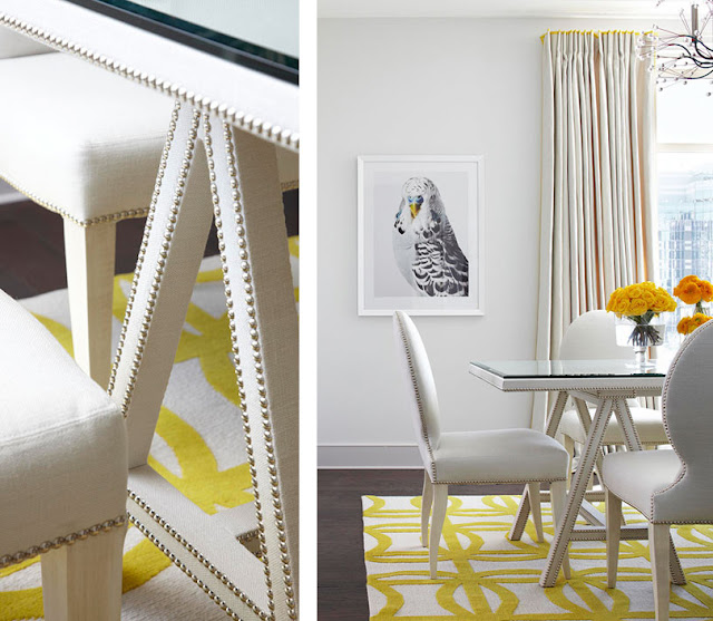 The Lennoxx, nailhead furniture, dining room, bird print, yellow and white