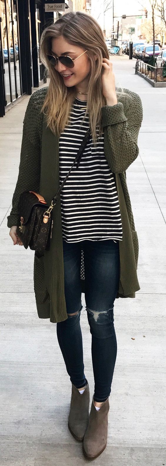 casual style addict: stripped top + bag + cardigan + rips + boots