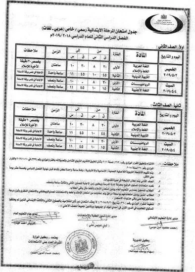 جدول بنى سويف اخر العام 2019 ابتدائى واعدادي وثانوى - الترم الثانى