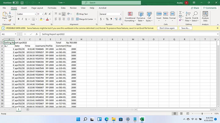 file csv terbuka di Excel