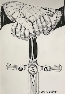 Ink drawing of a gauntlet and sword, artist Linzé Brandon, signed LdV-V