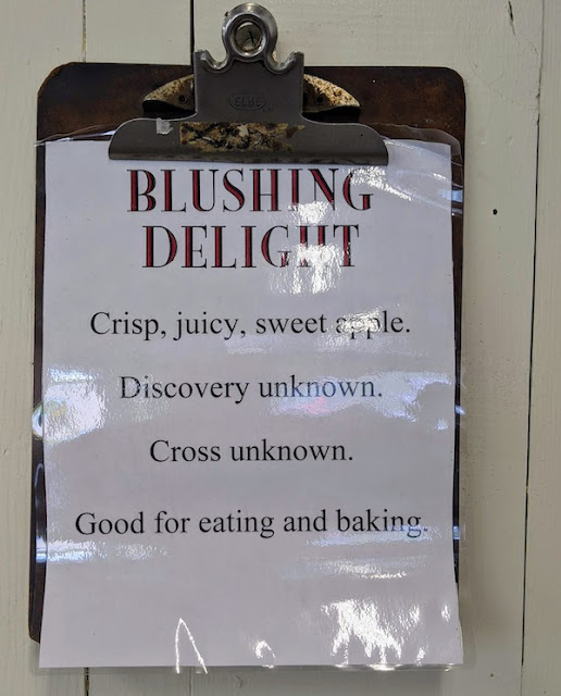 A clip board hangs on a wll to display this message: "Blushing Delight. Crisp, juicy, sweet apple. Discovery unknown. Cross unknown. Good for eating and baking."